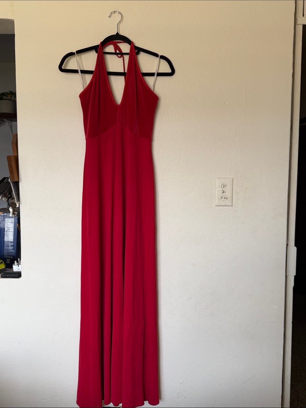 Michel Stephen Paris Red Halter Maxi Dress - Elegant Evening Gown Size Small